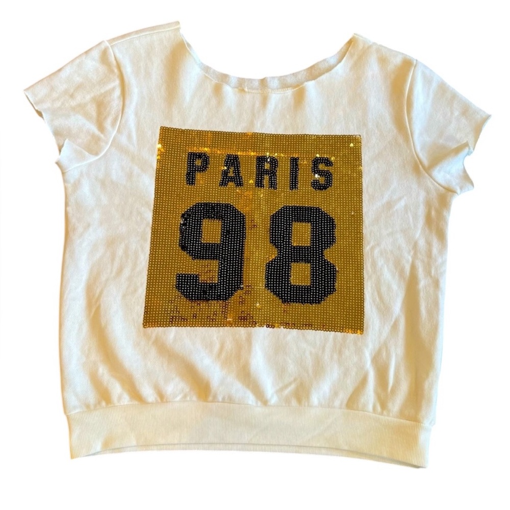 Forever 21 Paris 98‎ Sequin Cropped Sweatshirt Tee – White – Medium